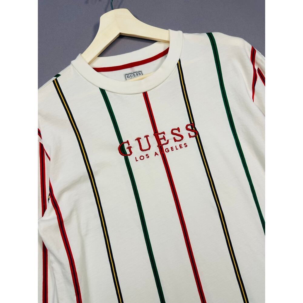 Guess Striped Long Sleeve Embroidered Logo Tee Size Medium - Picture 2 of 6